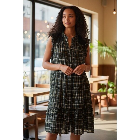 Torrid Dresses & Skirts - Torrid Plaid Button Front Dress Size 18 Black Yellow Lace Ruffle Smocked Waist